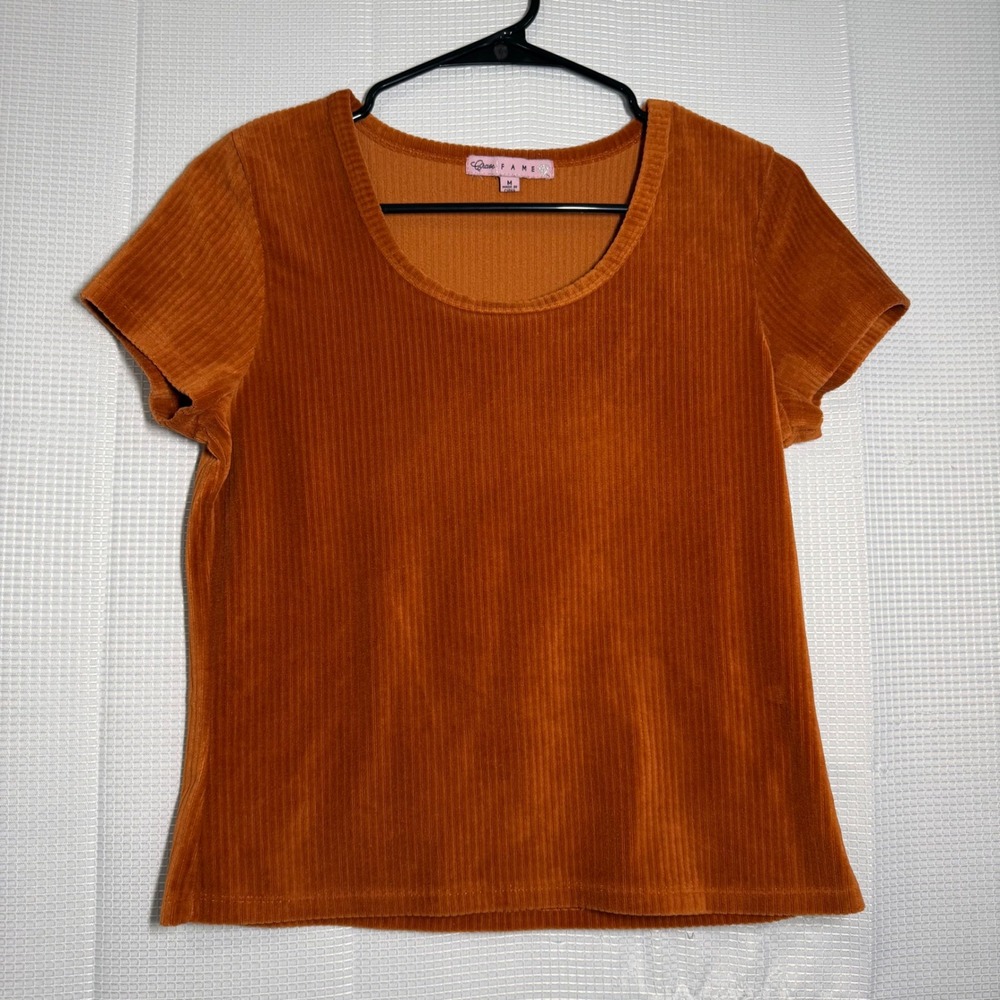 Crave Fame Ribbed Velour Top Medium Burnt Orange Short Sleeve Scoop Neck